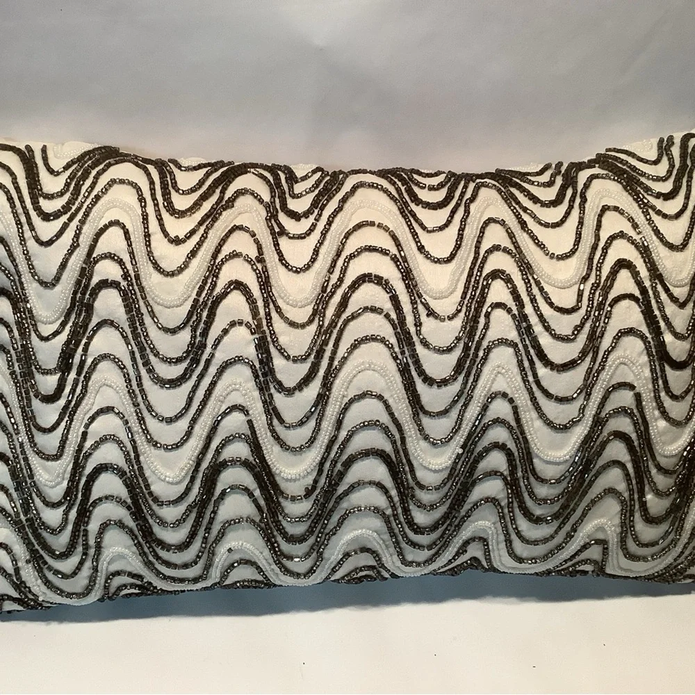 Pier 1 Beaded Throw Pillow Metallic Cream Bronze Wave Satin Back 20
